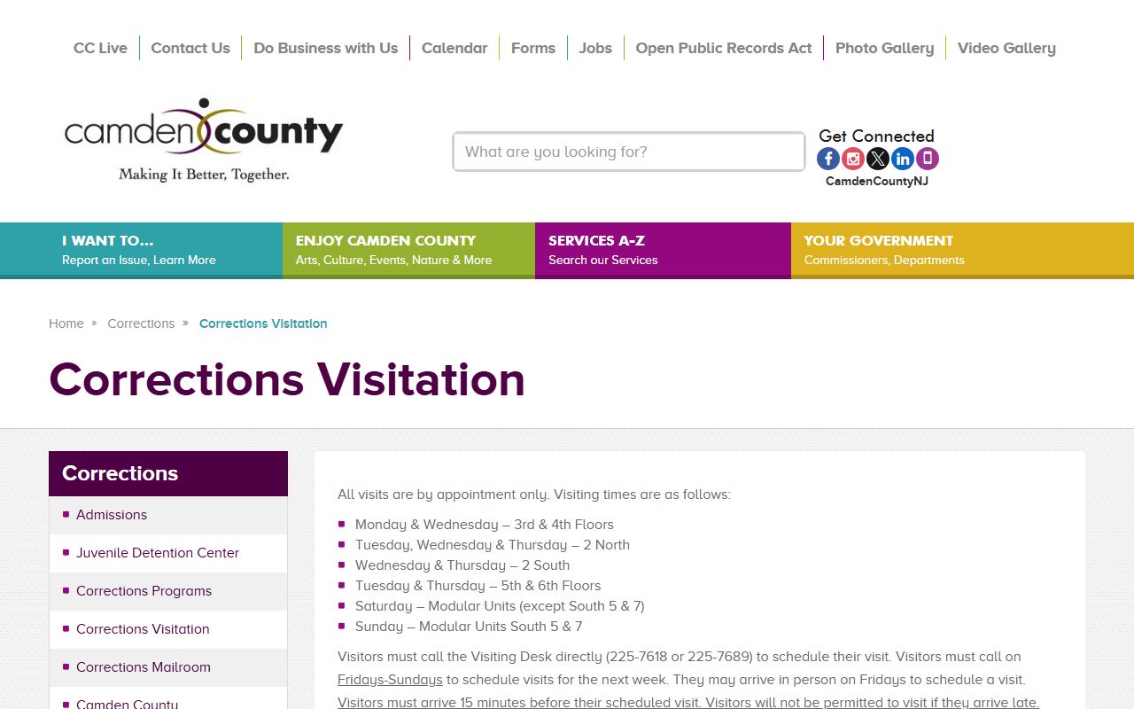 Camden County Correctional Facility visitation schedule for inmate visits